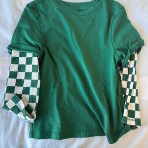 Old Navy Green Long Sleeve Tee with Checkered Sleeves